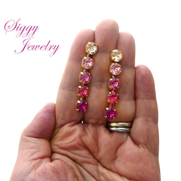 Austrian Crystal Statement Earrings, 5 Stone Long Dangle, Rose Pink Ombré Design - Picture 4 of 5